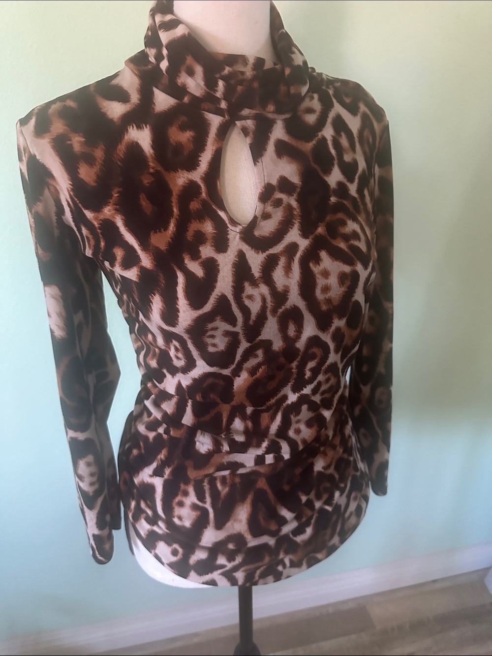 New York & Company Leopard Keyhole Mock Neck Top - Brown & Black